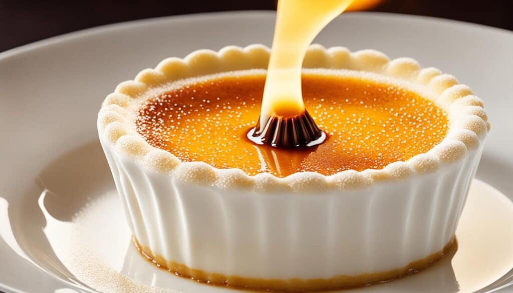 Culinary torch caramelizing sugar on creme brulee