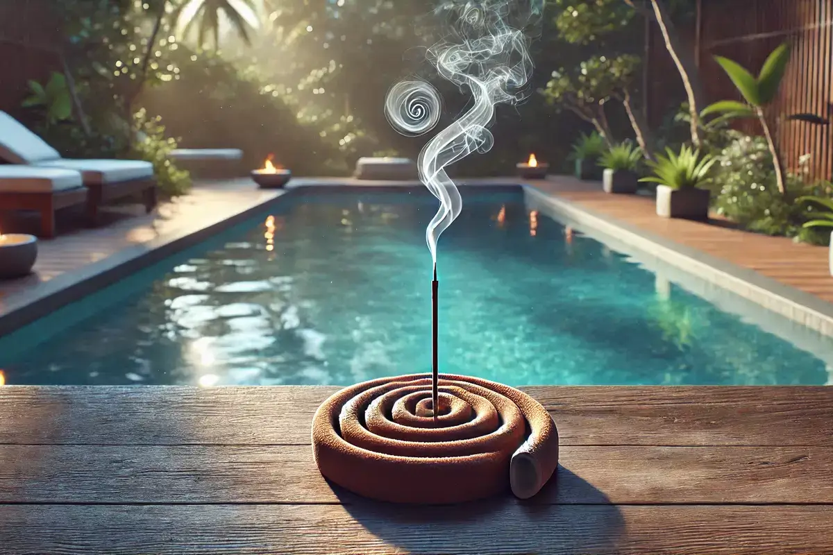 cinnamon roll incense stick placed near an outdoor swimming pool