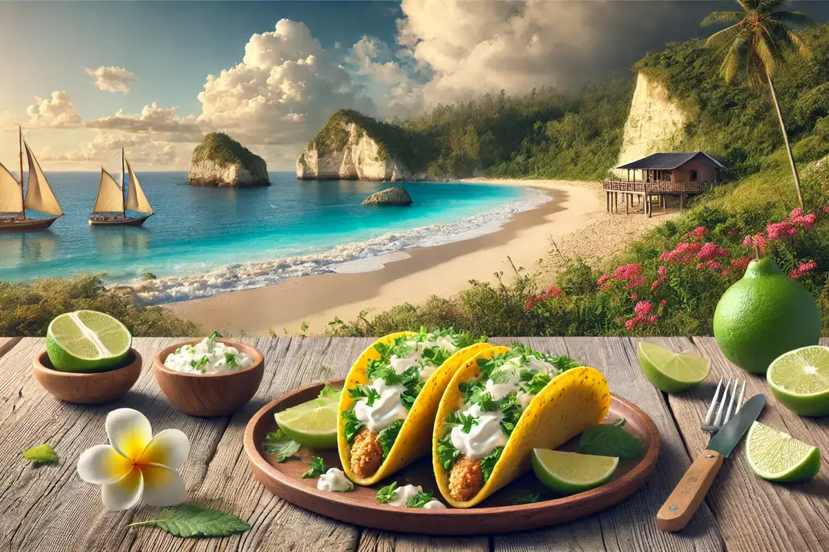 cream cheese tacos placed on a plate filled with a creamy mixtur