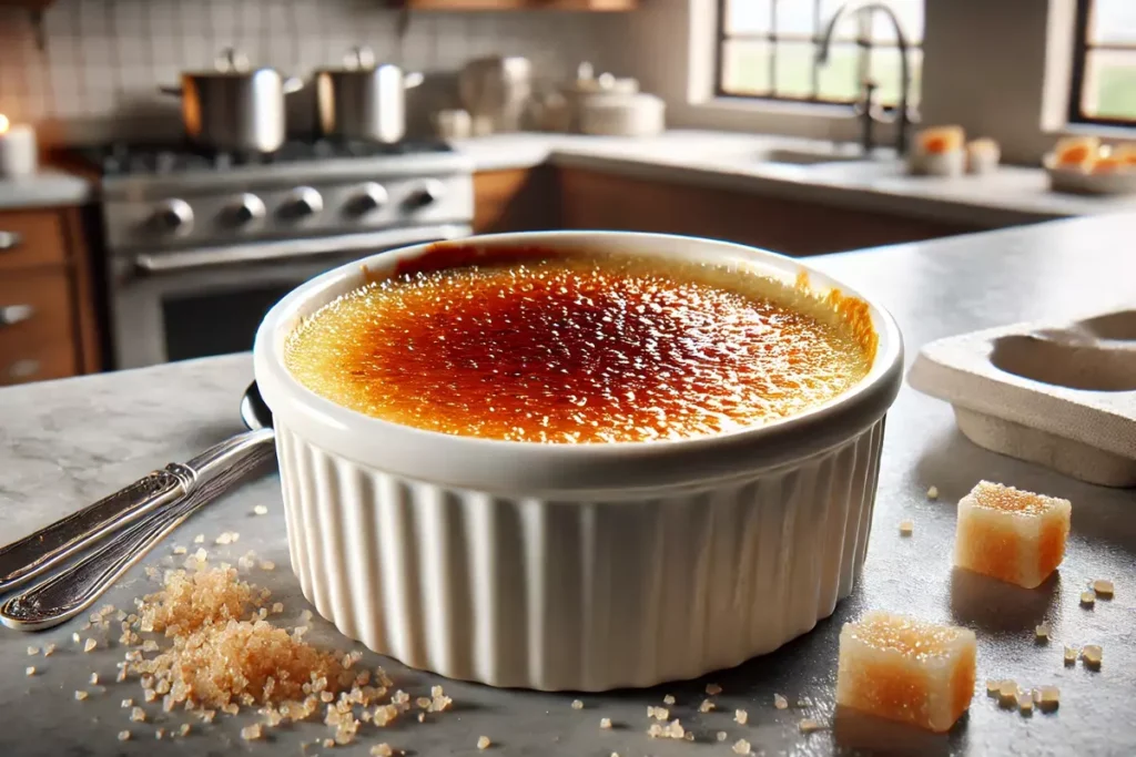 creme brulee with sugar pieces served in a shallow white ramekin placed on a kitchen counter