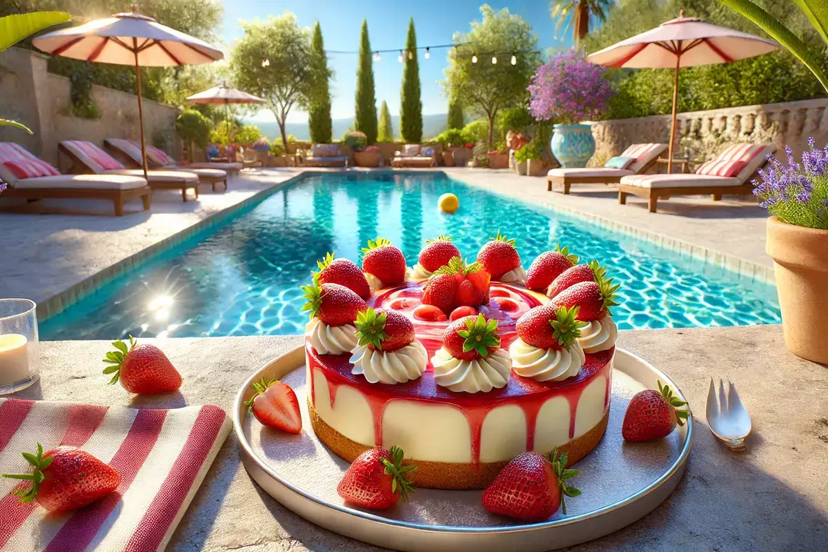 strawberry cheesecake placed on a plate near an outdoor swimming pool with crystal-clear blue water