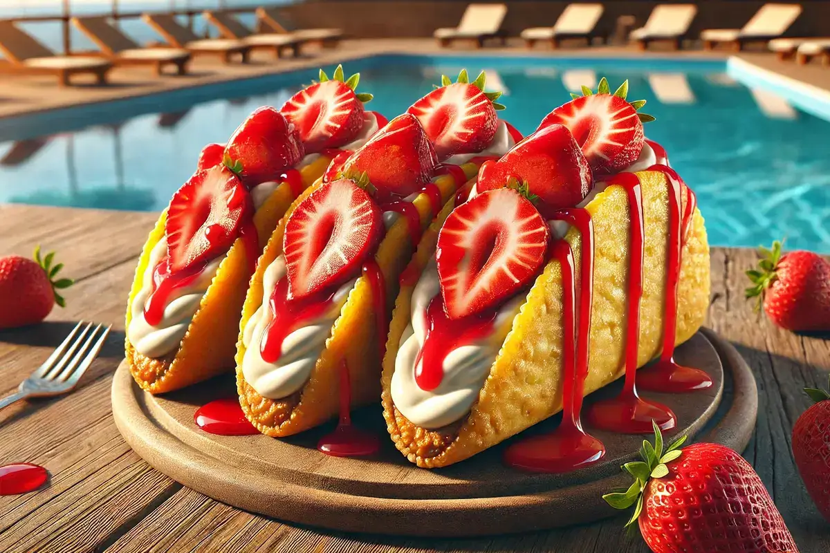 strawberry cheesecake tacos made with crispy golden brown taco shells filled with rich creamy cheese