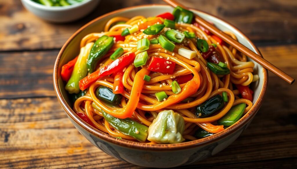 Vegetarian lo mein with Chinese vegetables