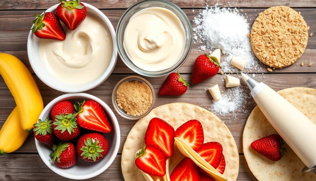 Ingredients for cheesecake filling and taco shell desserts