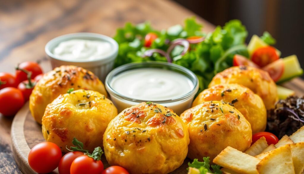 garlic cheese bombs with side dishes