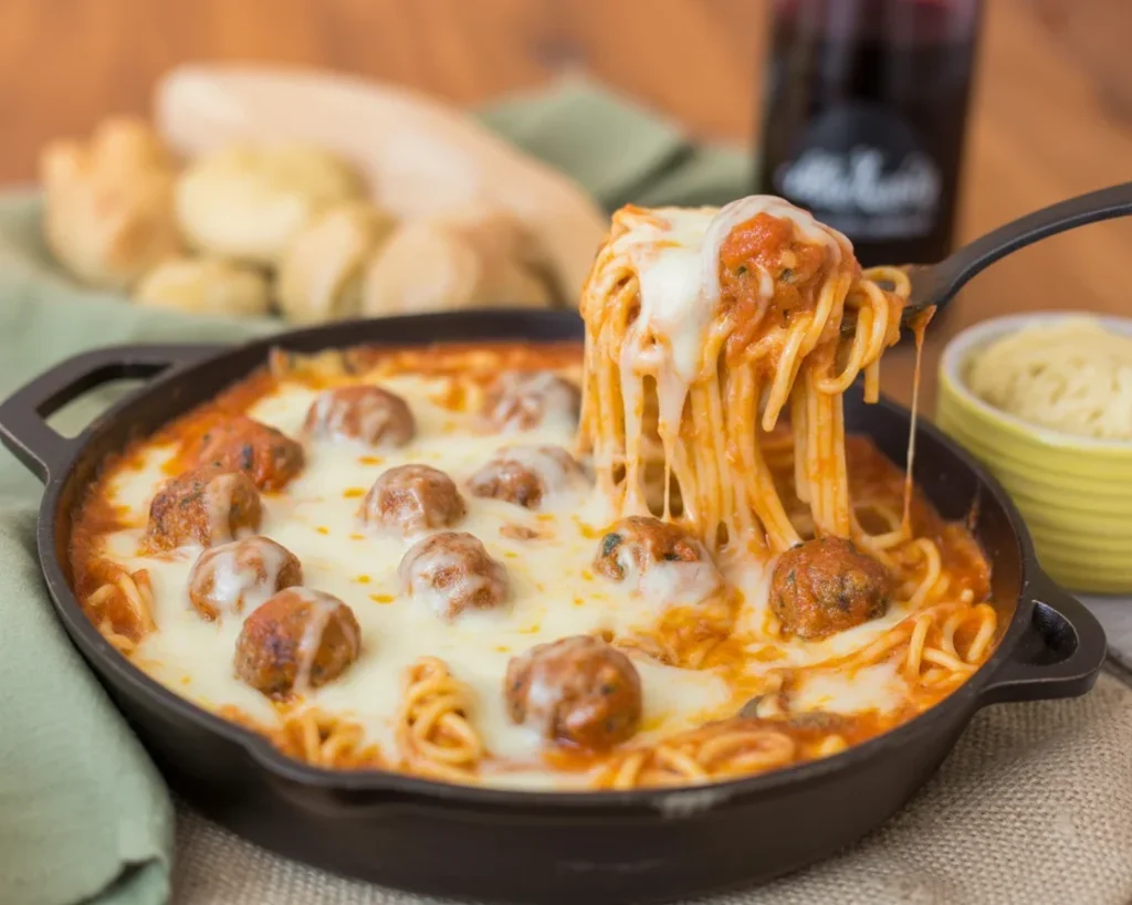 Cheesy Baked Spaghetti & Meatballs casserole fresh from the oven, gooey and delicious.