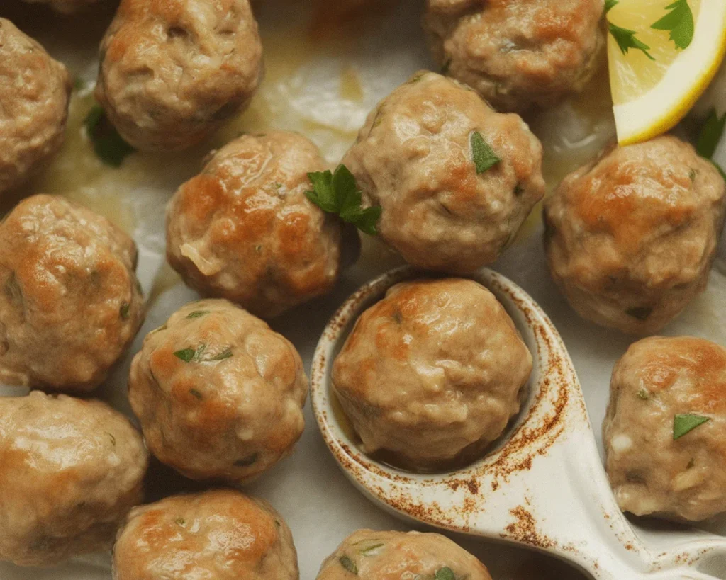 Delicious baked turkey meatballs on a plate, ready to serve with marinara sauce.