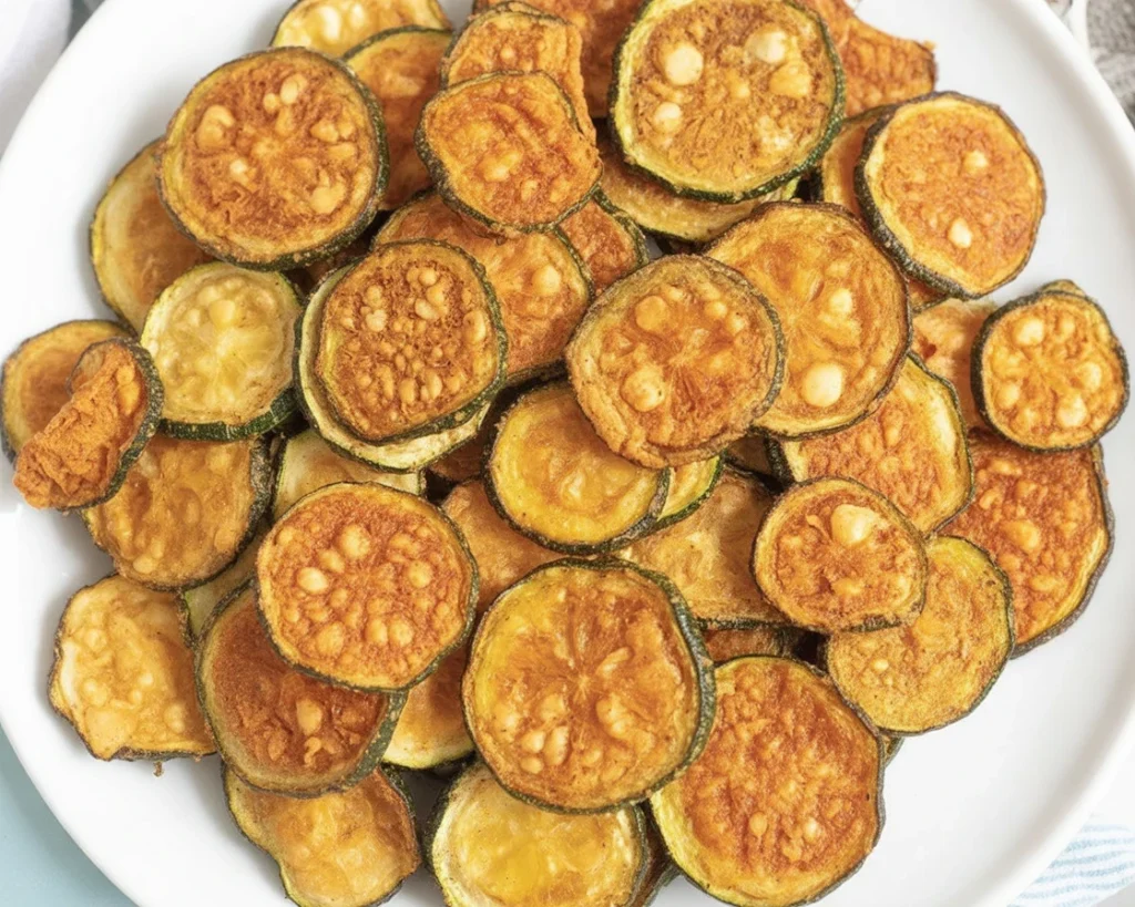 Homemade crispy baked zucchini chips served on a plate, garnished with herbs.