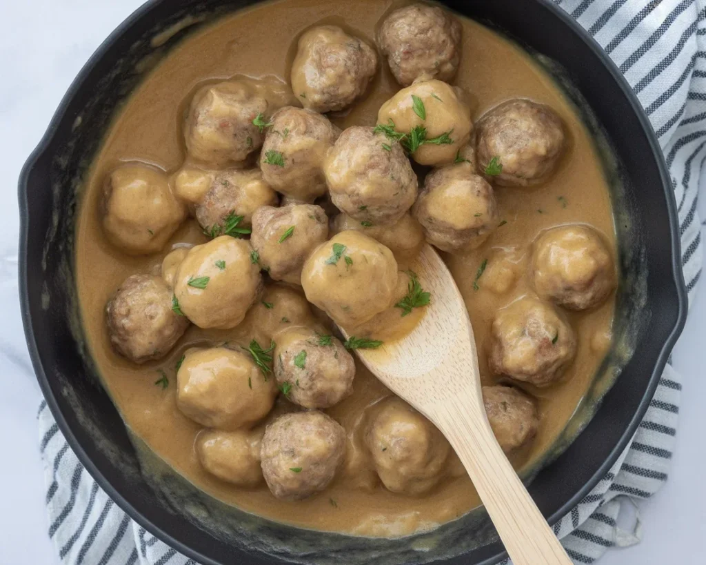 Healthy Ground Turkey Swedish Meatballs cooked in creamy sauce with herbs.