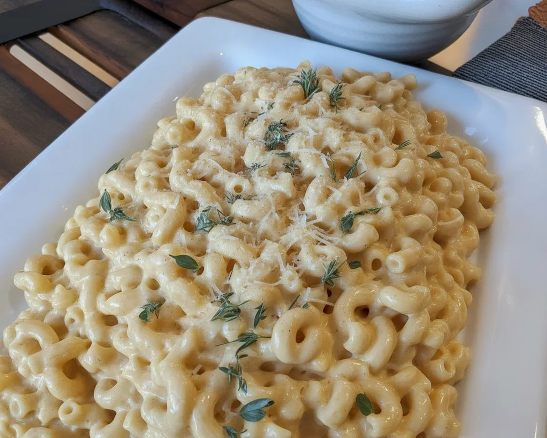 Creamy Parmesan Garlic Chicken Mac And Cheese cooked in a slow cooker with pasta.