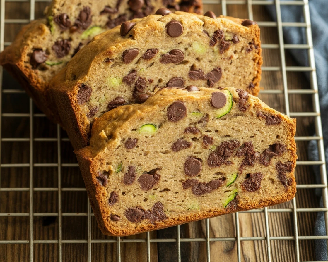 Moist chocolate chip zucchini bread with dark chocolate chips and crispy crust.