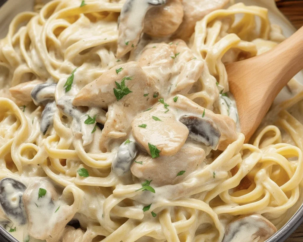 Delicious Chicken Fettuccine Alfredo served with garlic bread and salad