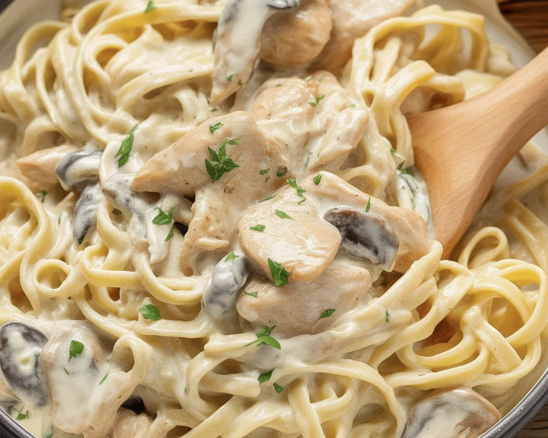 Delicious Chicken Fettuccine Alfredo served with garlic bread and salad