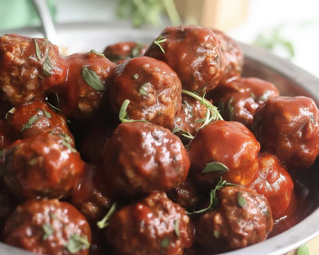 Crockpot meatballs in grape jelly BBQ sauce served in a slow cooker.