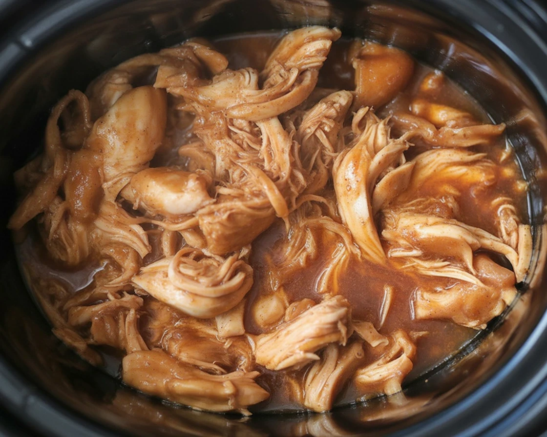 Delicious BBQ chicken prepared in a crockpot, perfect for sandwiches and easy meals.
