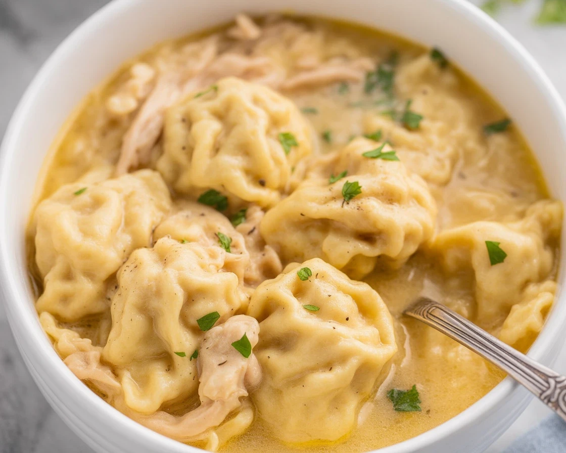 Delicious crockpot chicken and dumplings served in a creamy broth with fluffy dumplings.