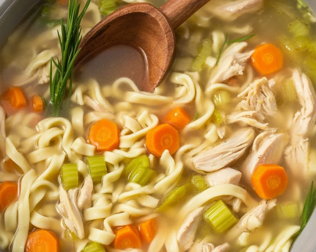 Bowl of homemade crockpot chicken noodle soup with vegetables and herbs.