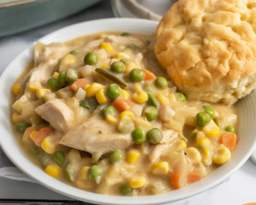 Creamy and comforting crockpot chicken pot pie ready to serve in a bowl.