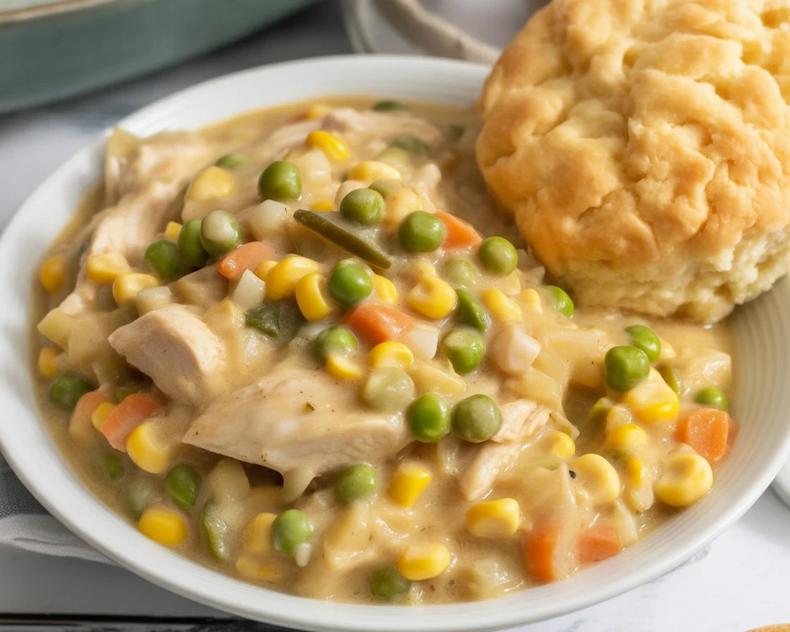 Creamy and comforting crockpot chicken pot pie ready to serve in a bowl.