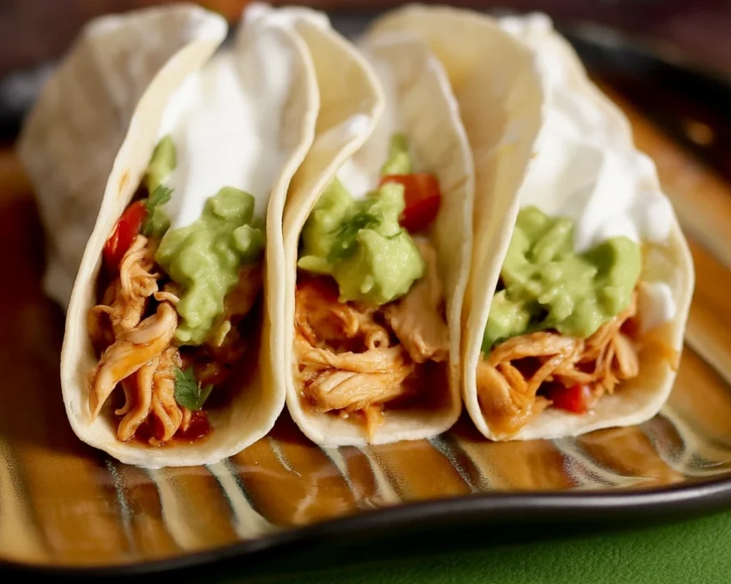 Crockpot chicken tacos with shredded chicken served in tortillas and garnished.