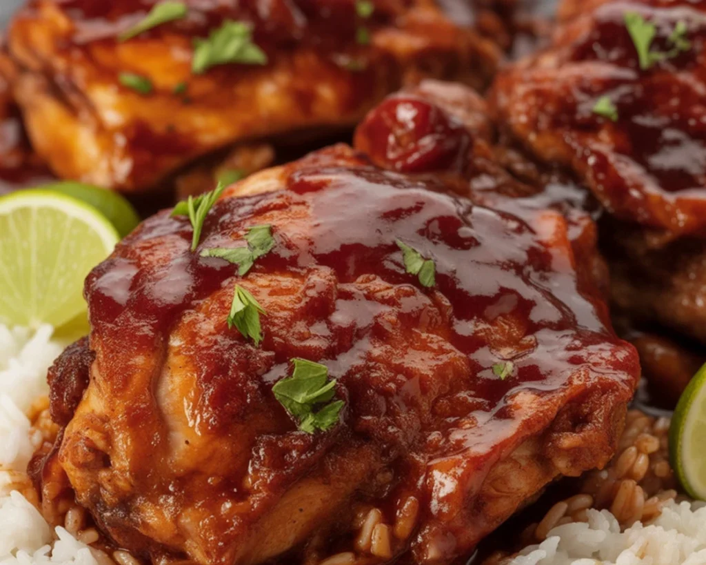 Tender and juicy crockpot chicken thighs cooking in a slow cooker with garlic and butter.