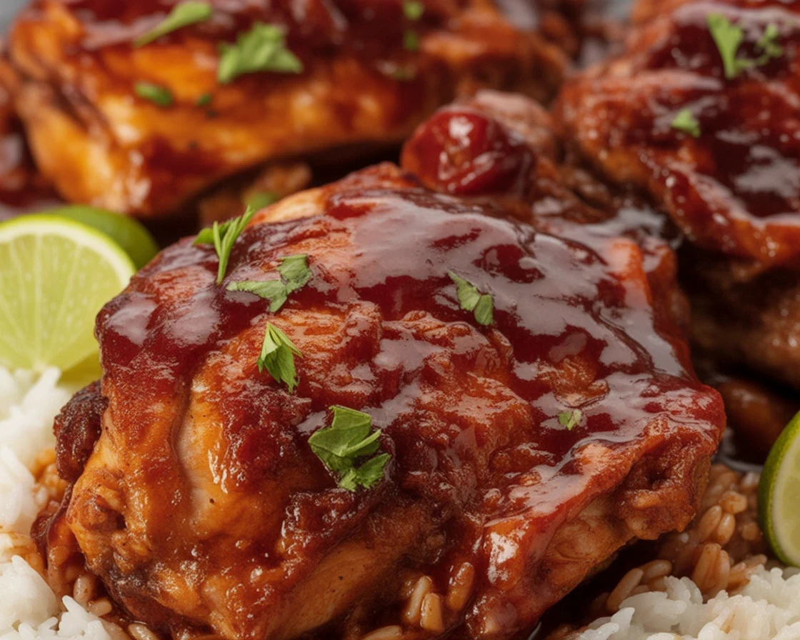 Tender and juicy crockpot chicken thighs cooking in a slow cooker with garlic and butter.