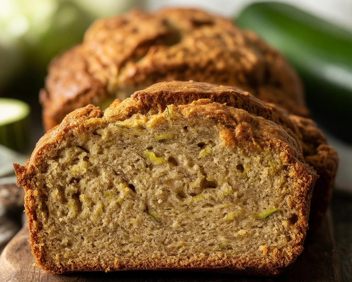 Moist homemade zucchini bread with a warm cinnamon flavor and walnut toppings.