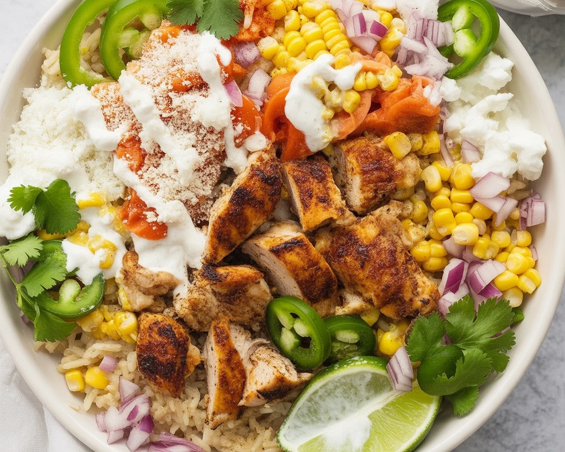 Delicious Street Corn Chicken Rice Bowl with grilled chicken, creamy corn, and lime rice.