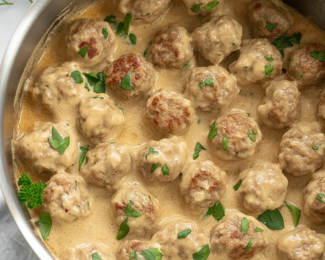 Plate of Swedish Meatballs with creamy gravy and mashed potatoes