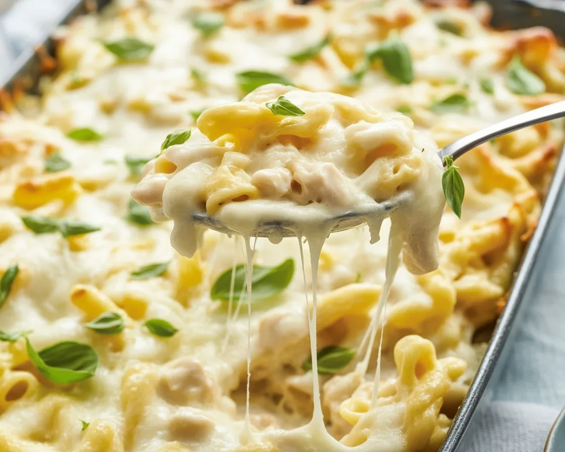 Delicious Chicken Alfredo Casserole with chicken, penne pasta, Alfredo sauce, and cheese baked to perfection.