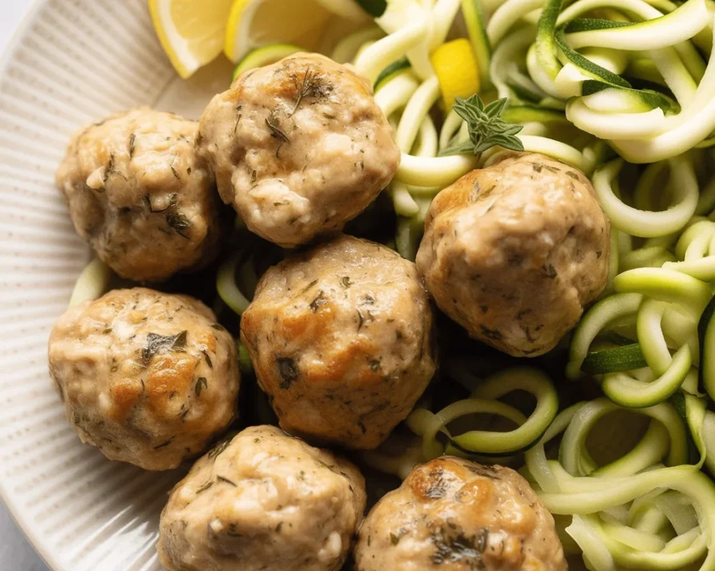Delicious baked chicken meatballs served with marinara sauce and herbs