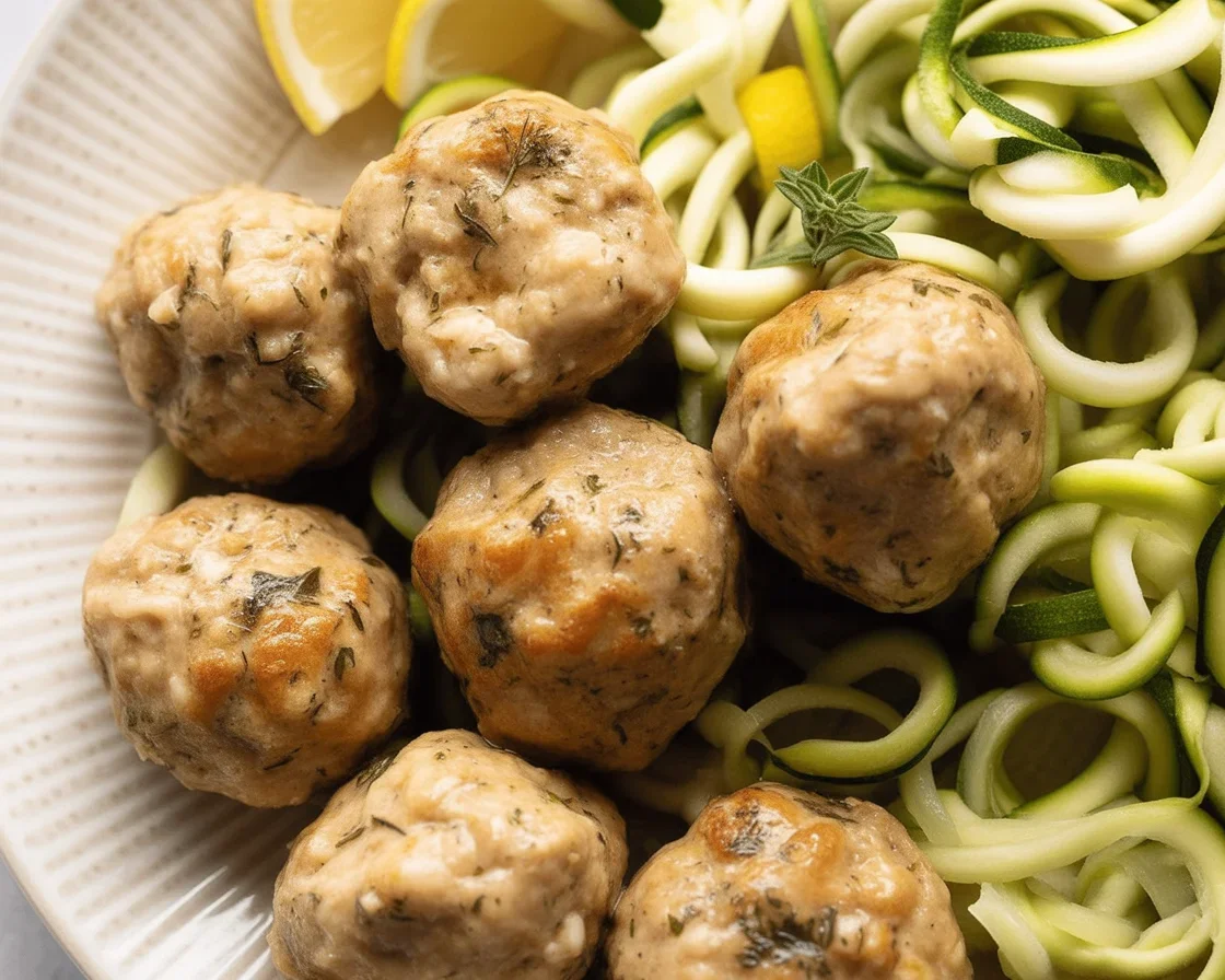 Delicious baked chicken meatballs served with marinara sauce and herbs