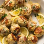 Plate of Chicken Piccata Meatballs in lemon butter sauce with capers and parsley