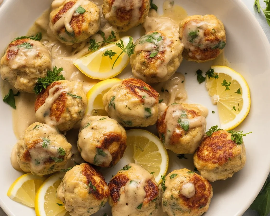 Plate of Chicken Piccata Meatballs in lemon butter sauce with capers and parsley