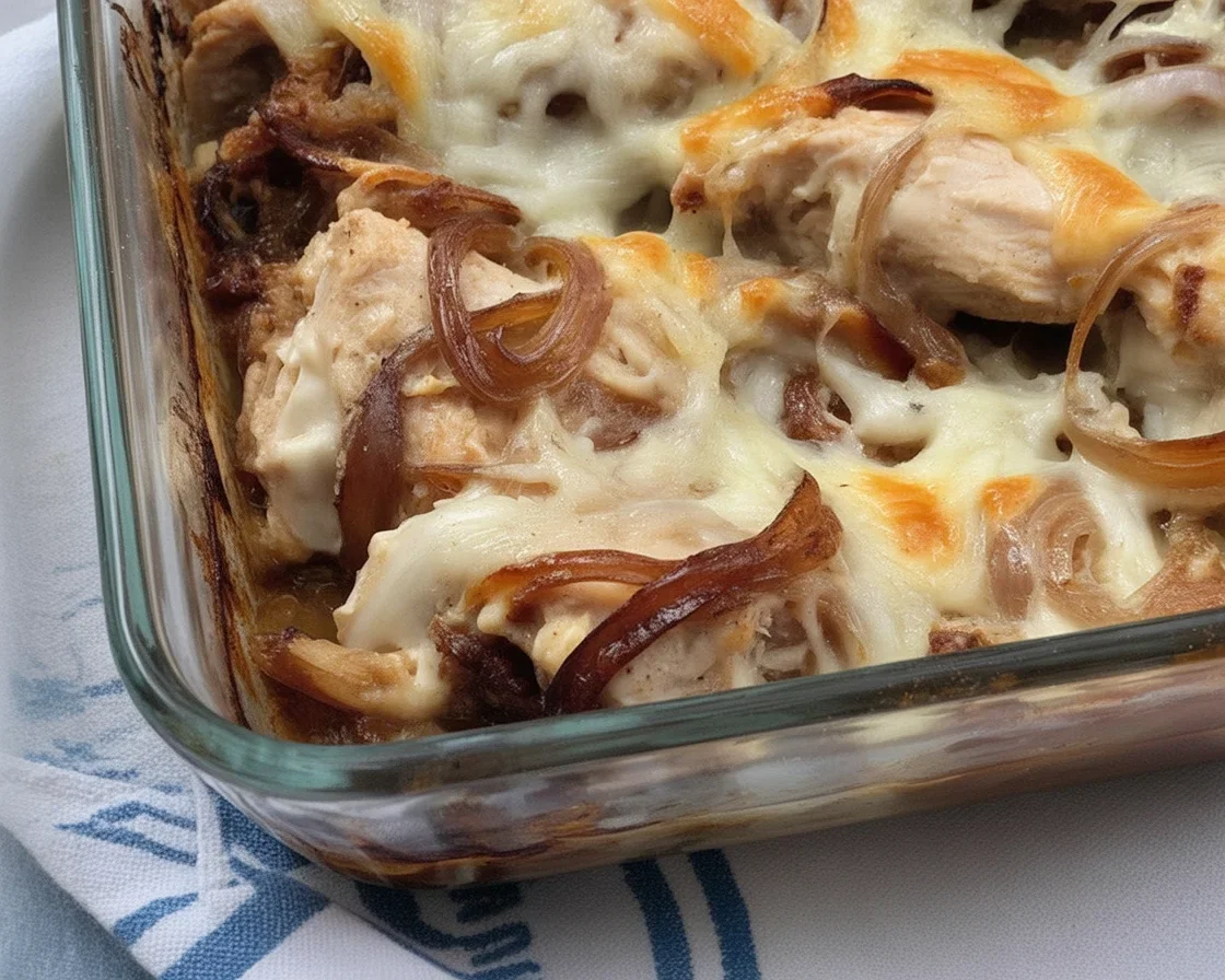French Onion Chicken Bake with caramelized onions and melted cheese in a baking dish.