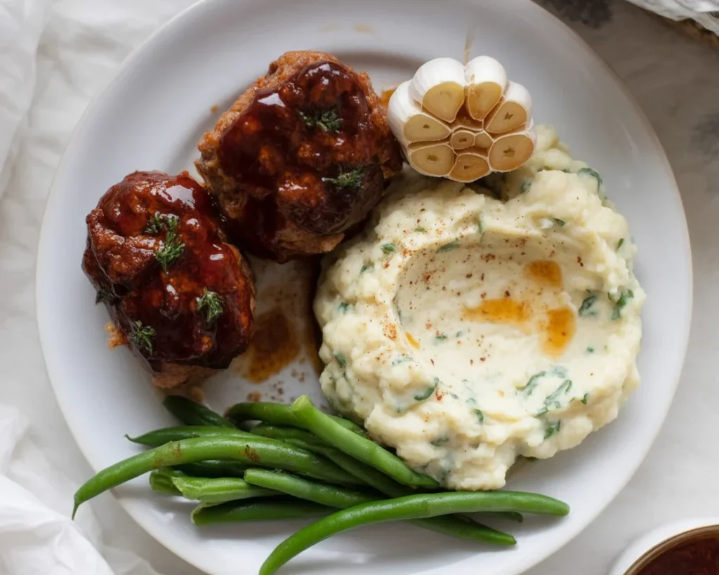 Delicious mini turkey meatloaves served with garlic cauliflower mash on a plate.