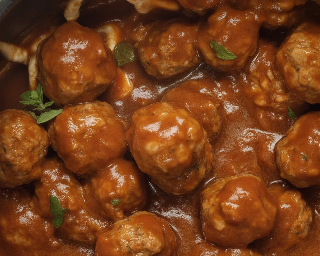 Slow Cooker Salisbury Steak Meatballs in rich gravy served on a plate
