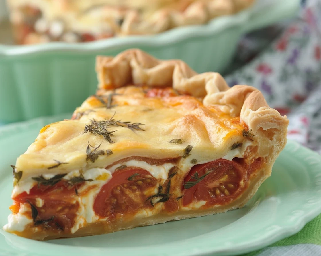 Delicious easy Southern tomato pie with layers of fresh tomatoes and basil in crust.