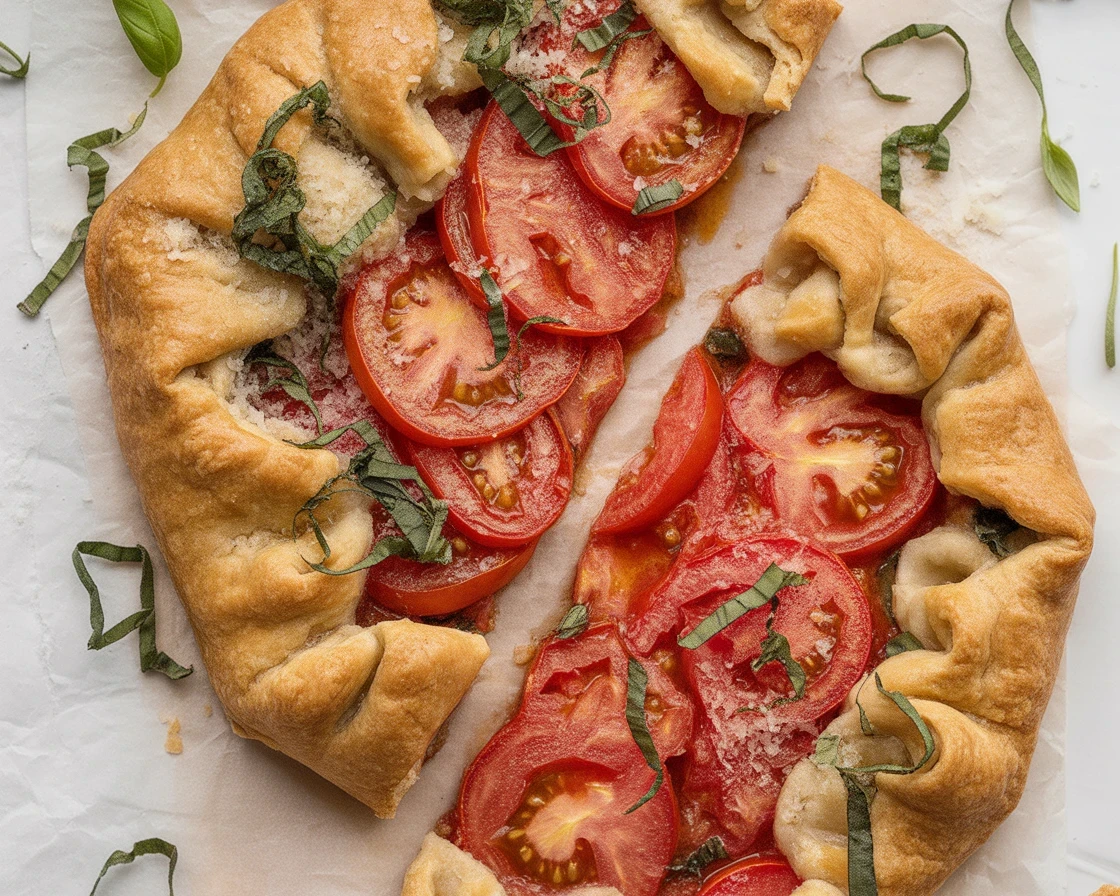 Tomato Pie Galette crust with fresh tomatoes and flaky crust ready to be baked.