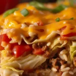Delicious Cabbage Beef Bake topped with cheese and served in a rustic dish.