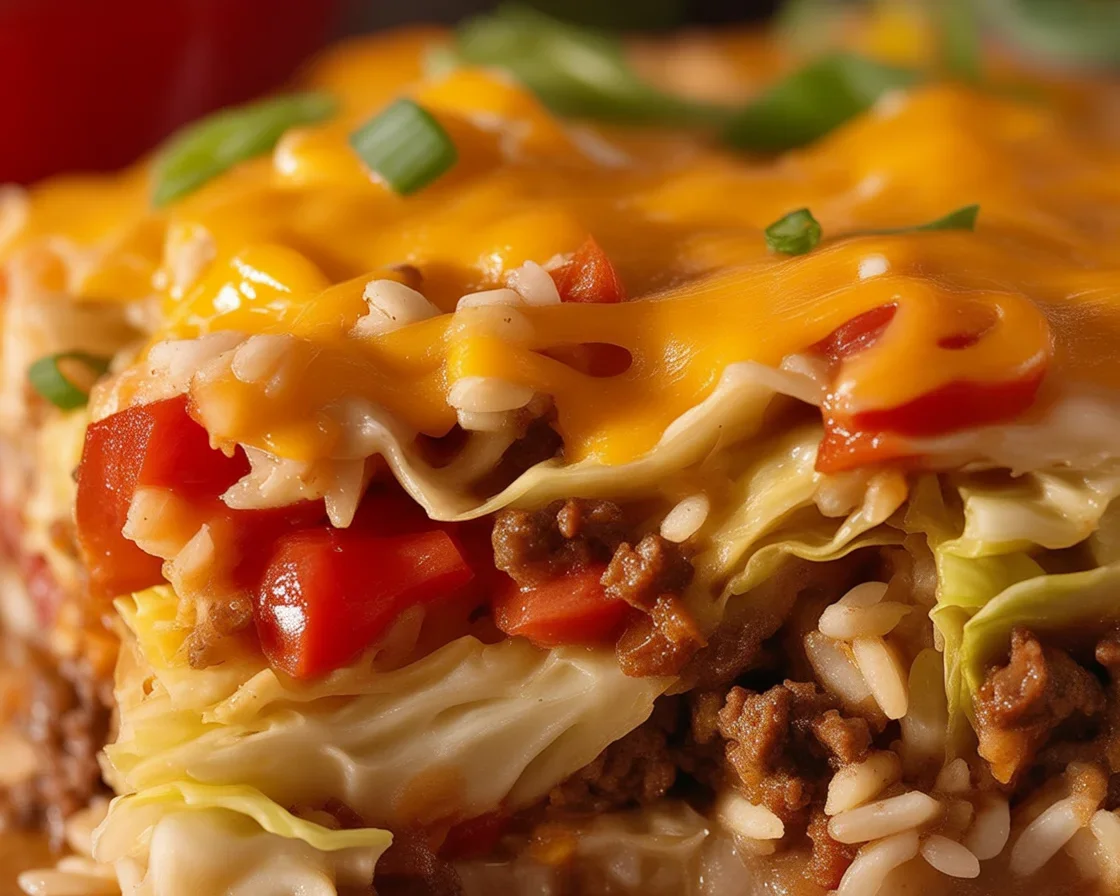 Delicious Cabbage Beef Bake topped with cheese and served in a rustic dish.