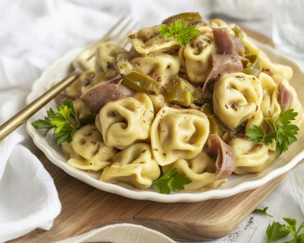 Philly cheesesteak tortellini served with provolone cheese and fresh vegetables