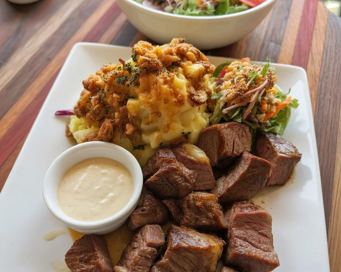 Delicious garlic butter steak bites in a skillet, served as a quick dinner option.