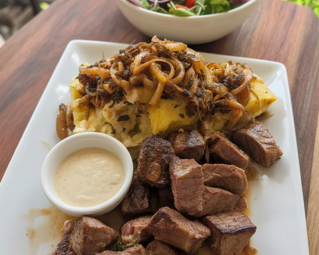 Delicious garlic butter steak bites on a plate garnished with herbs.