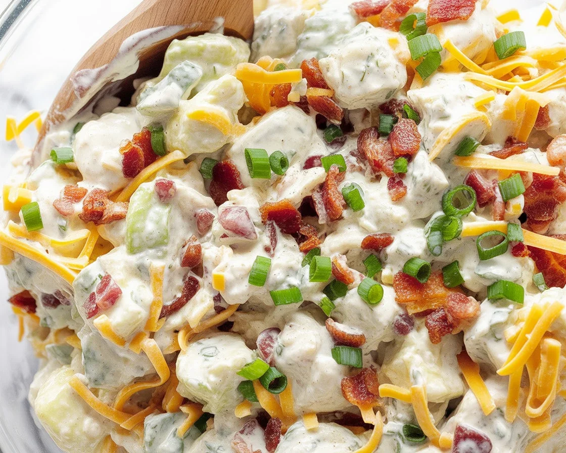 Delicious Loaded Potato Salad topped with bacon, cheddar cheese, and green onions.