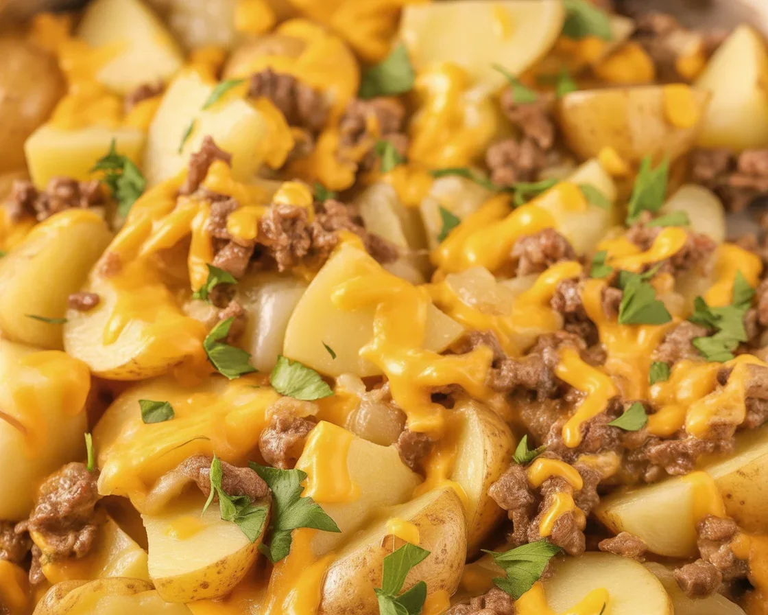 One Pan Creamy Meat & Potato Skillet with ground beef and diced potatoes cooked in creamy sauce.