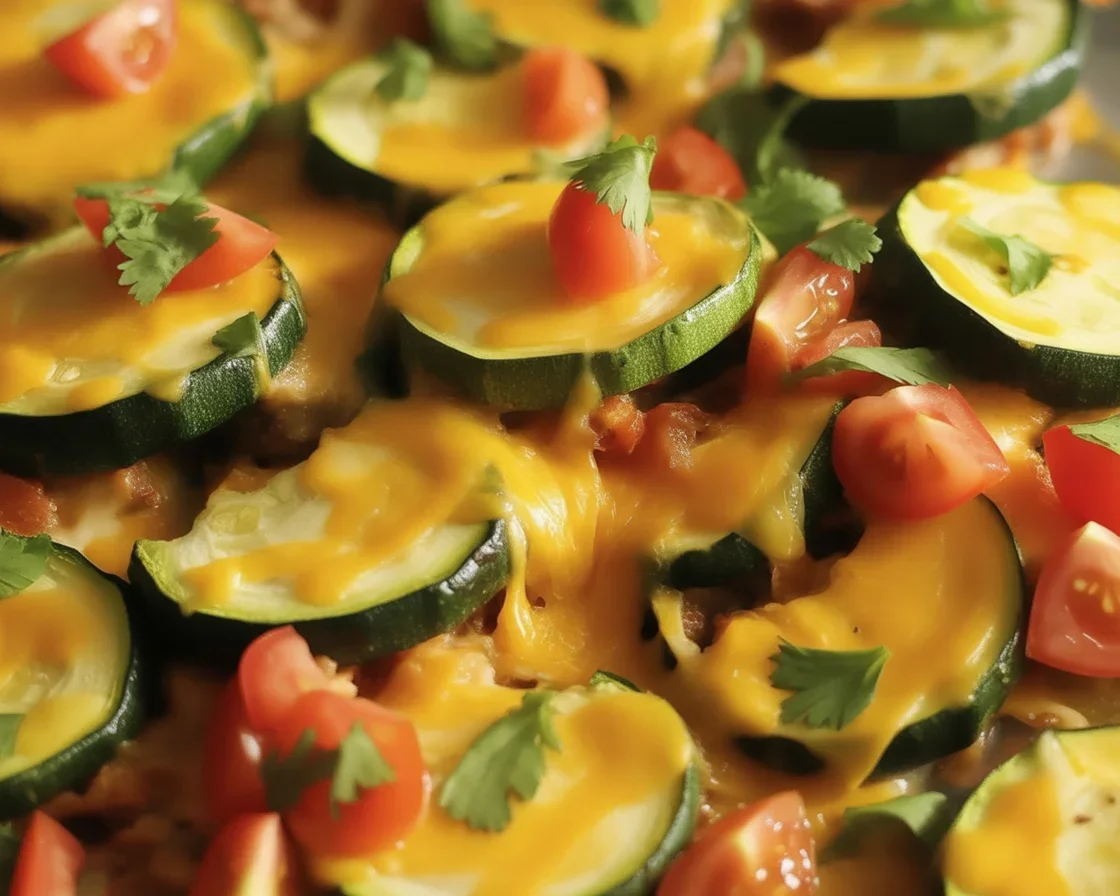 One-Pan Taco Zucchini Skillet with ground beef, zucchini, and bell peppers in a skillet.