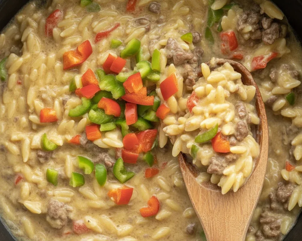 One-Pot Cheeseburger Orzo Skillet served in a deep skillet, showcasing a hearty, cheesy meal.
