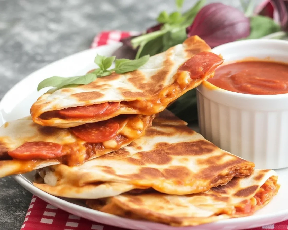 Delicious Pepperoni Pizza Quesadillas served with pizza sauce and cheese.