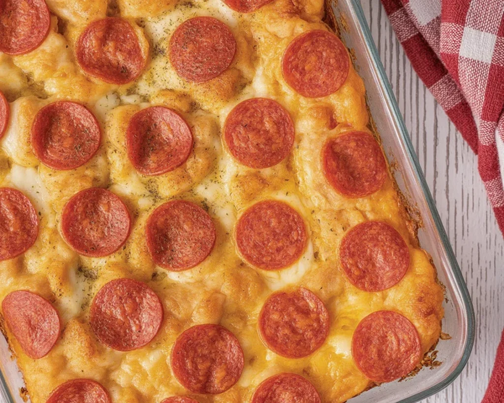 Delicious Tater Tot Pizza Casserole with ground beef and pizza sauce topped with cheese